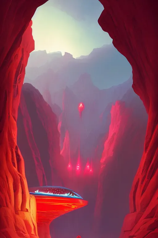 Image similar to red glowing temple designed by zaha hadid in a canyon, shooting stars, dramatic lighting, artstation, matte painting, ralph mcquarrie, simon stalenhag