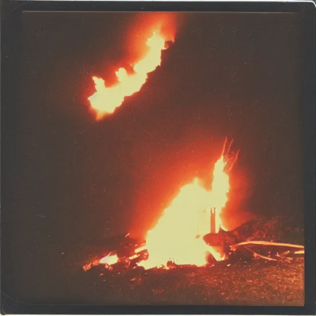 Image similar to polaroid photo of a firey explosion in a gothic church on a hill