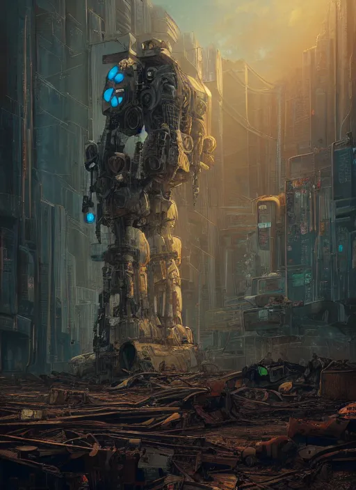 Image similar to a painting of a giant robot standing in front of a post apocalyptic city ruins, cyberpunk art by mike winkelmann, behance contest winner, nuclear art, dystopian art, apocalypse art, sci - fi