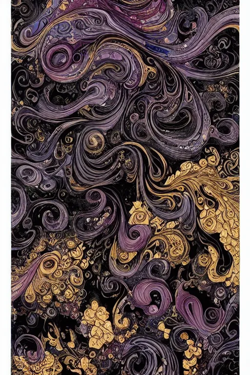 Image similar to paper marbling, cascading ink and watercolour flowers in bleak eldritch colours by dan mumford and mike mignola and maethawee chiraphong and hiroo isono ornate, intricate, detailed, swirls, ultra fine detail, trending on artstation, golden ratio, smooth gradients, intricate ink designs