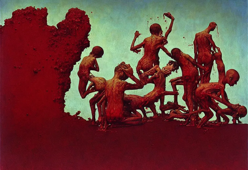 Image similar to A Norman Rockwell painting of a family losing their grip on reality, horror, blood red, cosmic horror, by Zdzisław Beksiński and Norman Rockwell, cinematic, 8k