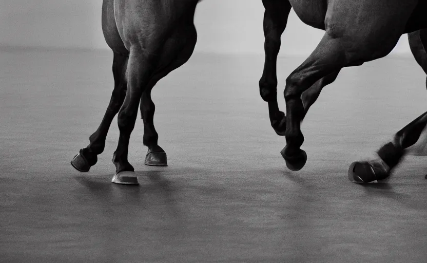 Prompt: two legged horse with big hands in a gym, shaking hands. holding weight. turning right, standing down.