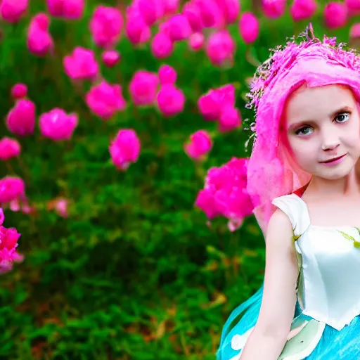 Image similar to a young girl dressed up as fairy in front of some pink flowers