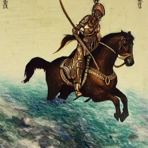 Image similar to a exotic metro pollynsdian warrior riding a horse through a river, painted by jorgihno gisbana and takashi tokyo, style of ultra capitalism surealism