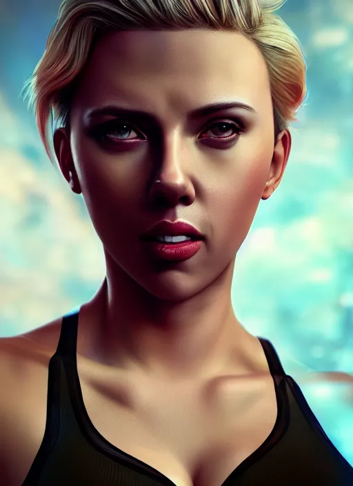 Image similar to fantasy comic book style portrait painting of an athletic Scarlett Johansson with blonde hair dancing, unreal 5, DAZ, hyperrealistic, octane render, cosplay, RPG portrait, dynamic lighting