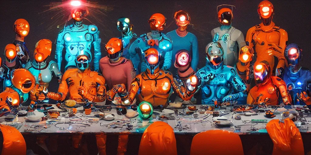 Image similar to !13 diverse cybersuits on !one_side of a reflective !cybernetic table, !!posing_as_last_supper, detailed glowing orange implants, teal, satin, !!highly detailed, beautiful lighting