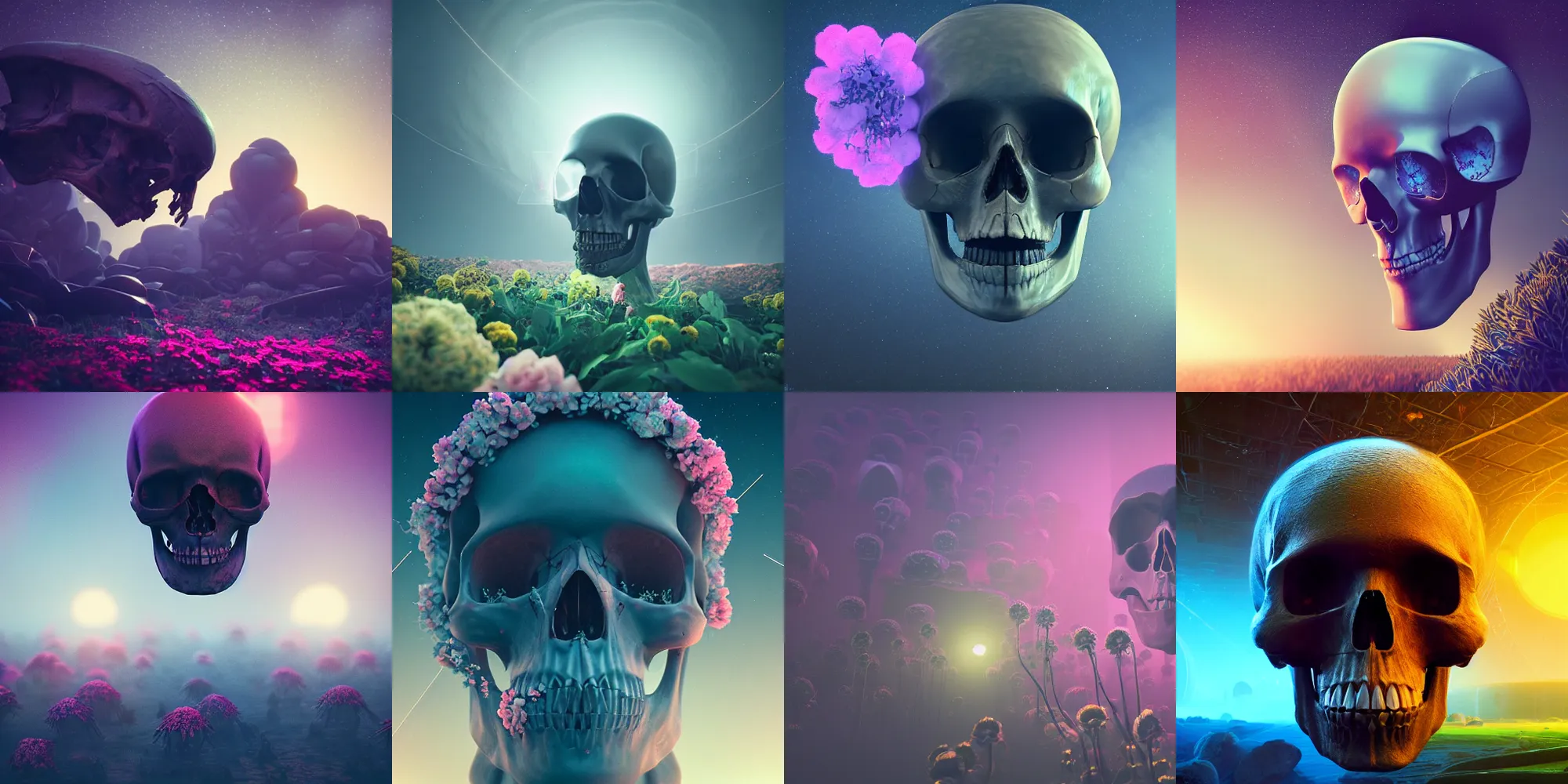 Prompt: beautiful dark landscape, astronaut skull head, beautiful flowers growing, in the style of beeple and mike winkelmann, intricate, epic lighting, cinematic composition, hyper realistic, 8 k resolution, unreal engine 5, raytracing, ultraviolet colors,