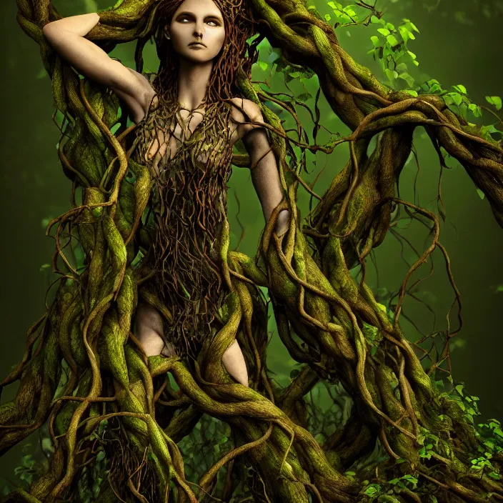 Prompt: female dryad standing, entwined by vines and roots, dark forest, surreal, light shining through, hyper - realistic, highly detailed, sharp focus, smooth, intricate, octane render