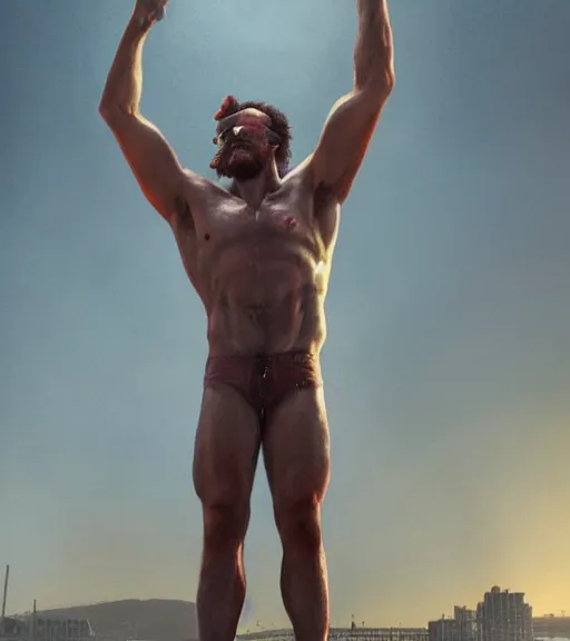 Prompt: Gigachad sigma buff macho Sam Hyde, standing triumphant and proud, award winning photo, by WLOP