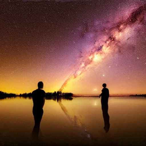 Prompt: two guys peeing in a lake while looking up at the night sky, milky way is clearly visible and reflected on the lake, the camera is behind them, digital art - n4