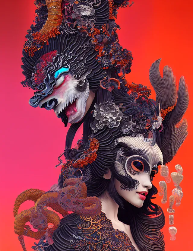 Prompt: 3 d goddess close - up frontal portrait with ram skull. beautiful intricately detailed japanese crow kitsune mask and clasical japanese kimono. betta fish, jellyfish phoenix, bio luminescent, plasma, ice, water, wind, creature, artwork by tooth wu and wlop and beeple and greg rutkowski