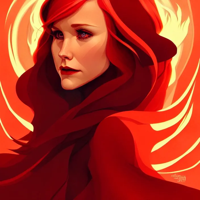 Prompt: style artgerm, joshua middleton, beautiful kristen bell with dark red dress, very long orange hair, symmetrical face, symmetrical eyes, fire powers fire swirling, detailed, volcano setting, cinematic lighting