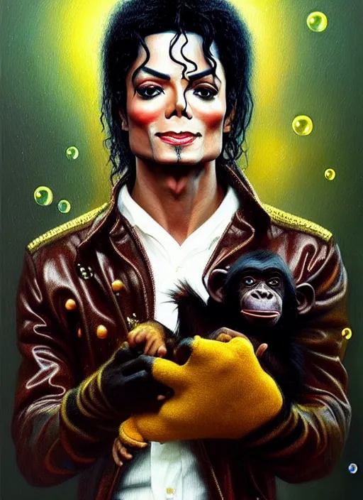 Image similar to oil painting, portrait of michael jackson with his pet chimp bubbles, intricate, octane render, detailed, beautiful, brown skin, unreal engine, symmetrical, artstation, art by karol bak, art by artgerm, rossdraws, cinematic, concept art, filmic, vsco