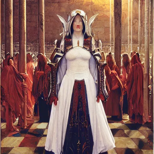 Image similar to portrait of a priestess, wearing all - white clothes, and a red helmet, by gerald brom, donato giancola, and berthold woltze.