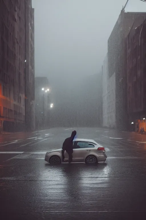 Prompt: Photo of a man sitting on the car roof in the heavy rain at the city that sank , outdoor lighting, dynamic lighting, volumetric, wide angle, anamorphic lens, go pro, 4k