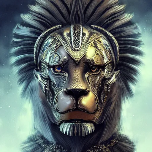 Prompt: Very very very very highly detailed epic photo of face with lion venetian mask, intricate, dystopian, sci-fi, extremely detailed, digital painting, artstation, concept art, smooth, sharp focus, illustration, intimidating lighting, incredible art by Artgerm and Vincent di Fate