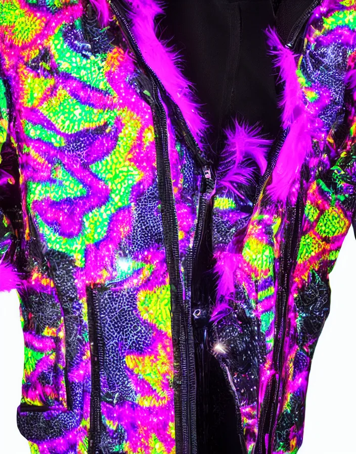 Image similar to generative design autumn season rave jacket with led screen skin and fluffy lining in the style of cyberdog, futuristic psychedelic hippy, product shot, dark background