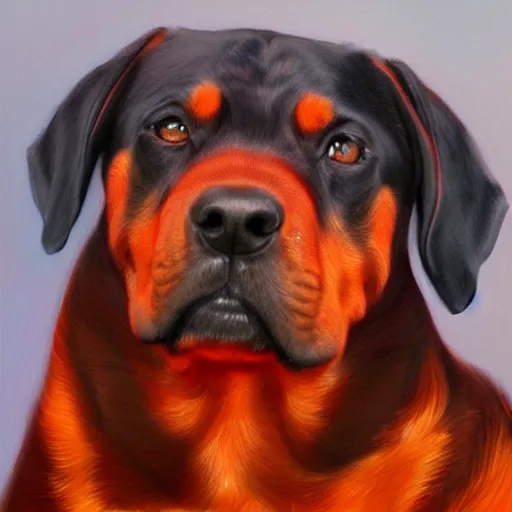 Image similar to red rottweiler, oil painting, artgerm, portrait, highly detailed, artstation