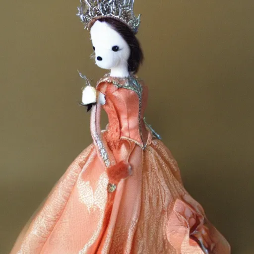 Image similar to a toy fox wearing a beautiful queen dress, highly detailed, exquisite, fabulous