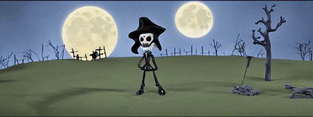 Image similar to Grim reaper in a park at night with a large blood moon in the distance, wide shot, claymation, by tim burton