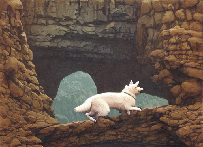 Image similar to Highly detailed oil painting of Gandalf fighting a corgi on a narrow rock bridge, underground, intricate artwork by Angus McBride, John Howe, Matthew Stewart, Ted Nasmith, heroic fantasy