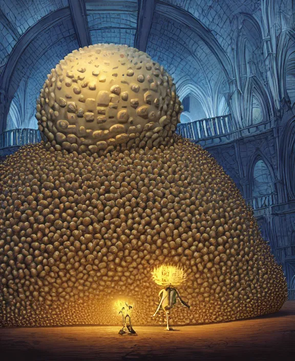 Image similar to inflated cathedral made from obese urchin mollusks, in the style of a puffy spaceship, skeletons, bones, partly cloudy, spooky, dramatic lighting, by geof darrow, bill sienkiewicz, dan mumford, yusuke murata, makoto shinkai, ross tran, cinematic, unreal engine, cel shaded, featured on artstation, pixiv