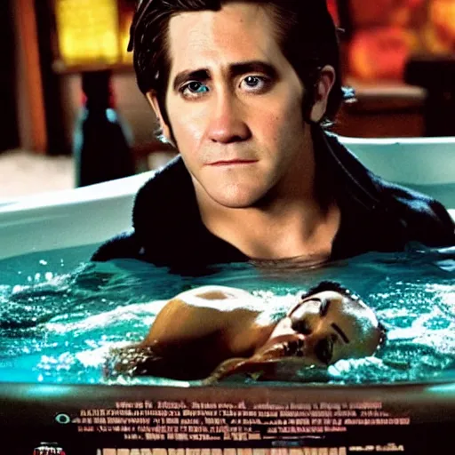 Image similar to a movie poster of Jake Gyllenhaal as patrick Swayze sitting in a hot tub in the movie Road House