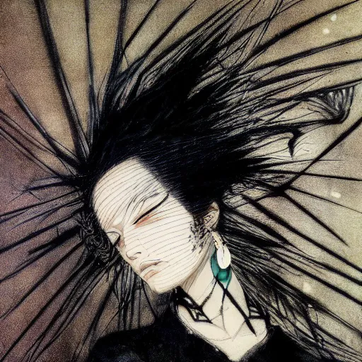 Prompt: yoshitaka amano blurry realistic illustration of an anime girl with white hair and cracks on her face wearing dress suit with tie fluttering in the wind, abstract black and white patterns on the background, upside down cross earring, noisy film grain effect, highly detailed, renaissance oil painting, weird portrait angle