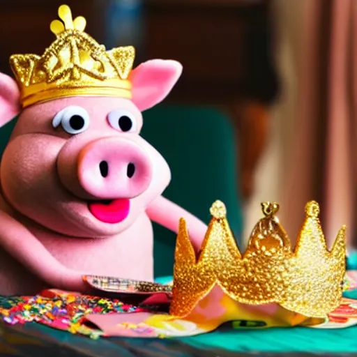 Image similar to cut obese pig wearing a gold crown as a Muppet eating out of a snack bags 8k