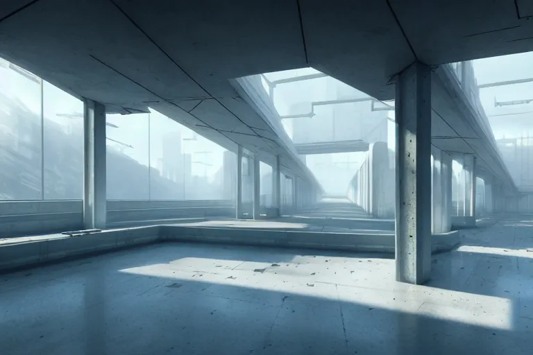 Image similar to hyper realistic interior photo of a white concrete brutalist megastructure with huge windows and skylights, volumetric light rays, style of simon stalenhag and alphonse mucha, cinematic and blue cold atmospheric, archillect concept art, trending on artstation, epic matte painting by weta digital, cgisociety