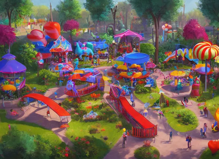 Image similar to candy zoo park for a game candy themed, top angle, oil painting by jama jurabaev, extremely detailed, brush hard, artstation, for aaa game, high quality, brush stroke