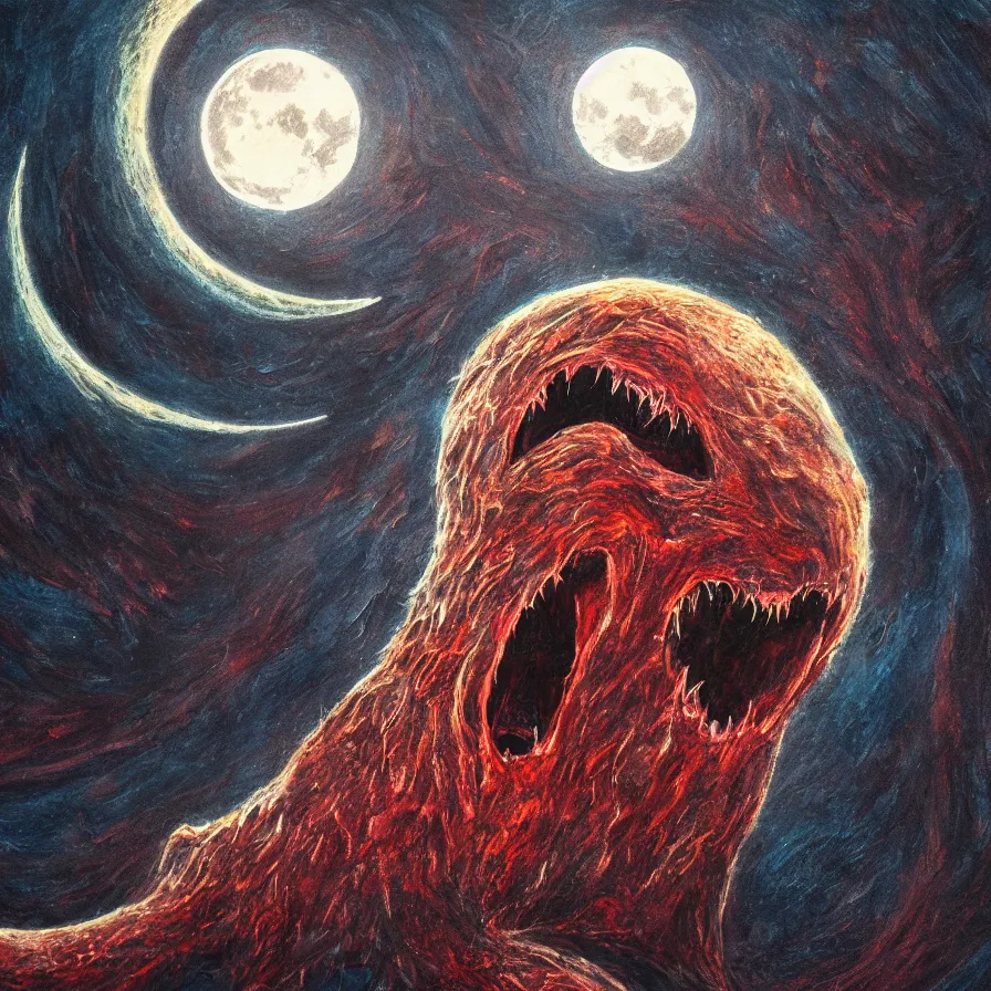 Image similar to fanged maw in the moon devouring moon sharp fangs streaming blood bestial moon, award winning oil painting, chromatic aberration