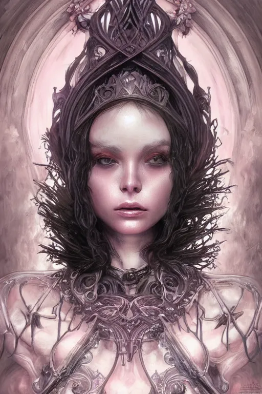Prompt: Portrait of dark souls a goddess of love, pastel pink, dark fantasy, intricate, elegant, highly detailed, photographic, full-body portrait, artstation, concept art, smooth, sharp focus, illustration, art by artgerm and H R Giger and alphonse mucha