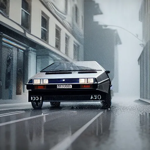 Image similar to hyperdetailed, photorealistic photograph of a dmc 1 2 delorean driving in the streets, rain, night, dense fog, hd, unreal engine 5