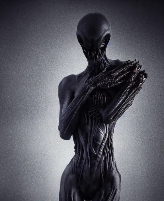 Image similar to xenomorph hugging pale sad beauty merging, dark mist colors, giger background liminal void, digital art, cinematic lighting, realistic, award winning photograph, various refining methods, micro macro autofocus