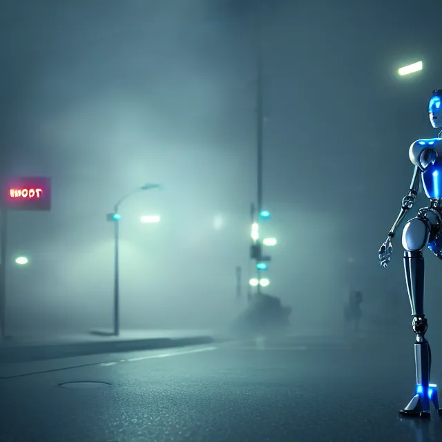 Image similar to robot woman approaching, detailed face, shibuya prefecture, cinematic lighting, fog mist smoke, photorealistic, night photography, octane render by tomino - sama