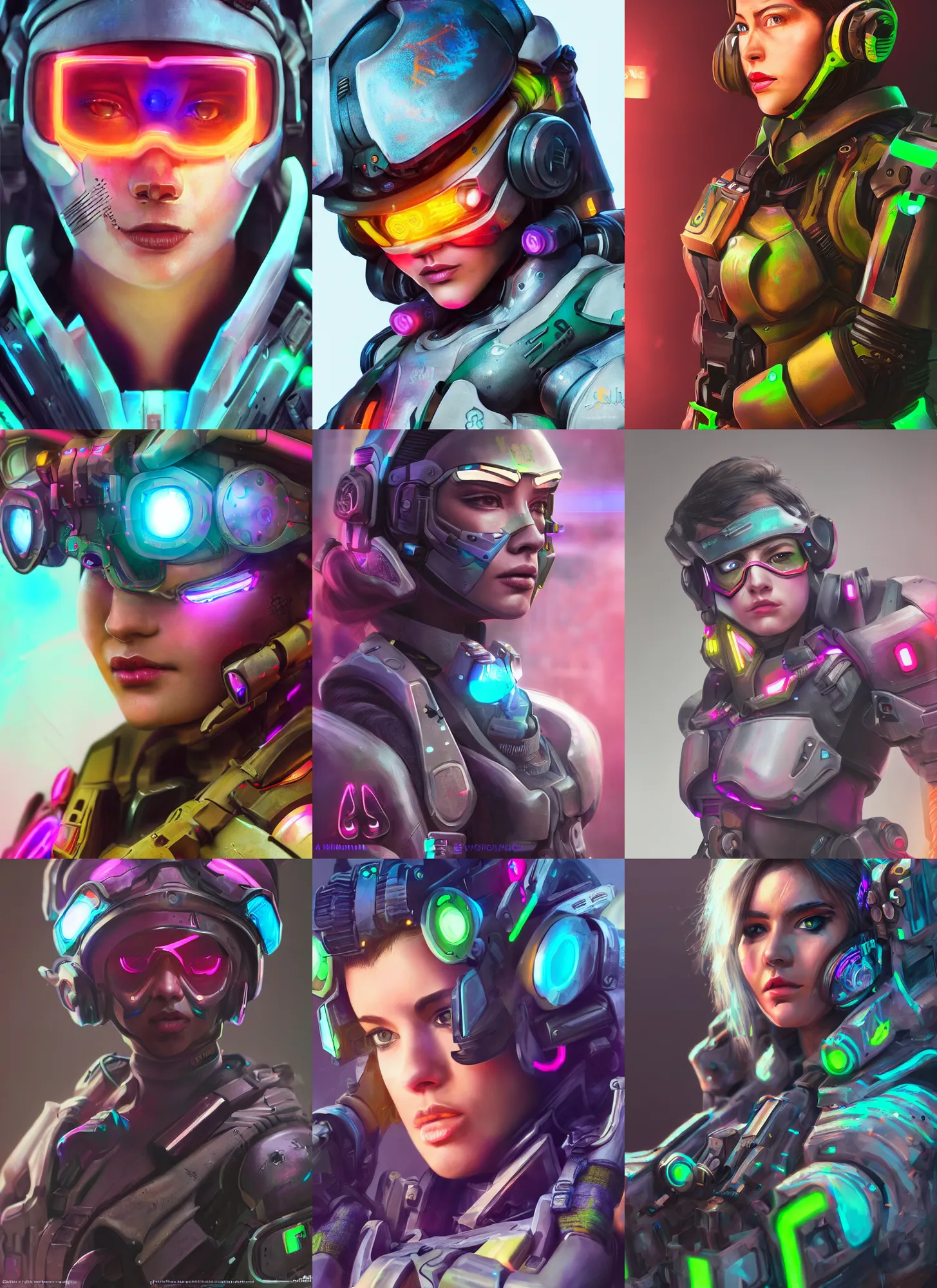 Prompt: a hyper realistic detailed military tech advanced cyberpunk neon colored portrait of a female warrior wearing overwatch armor, zoom lens, concept art, photography, realistic, 8 k, vray, concept armor, artstation, deviantart