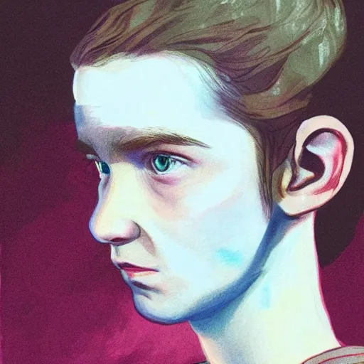 Prompt: beautiful side portrait of Eleven from Stranger things in a scenic!!! Environment!! by martine johanna, lines ,figurativism!, portrait,