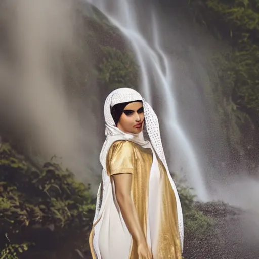 Prompt: beautiful Arab woman, white transparent veil black hair, bathing in a waterfall, ethereal, emotive, fine art, water mist, mystical, Romanticism, golden light