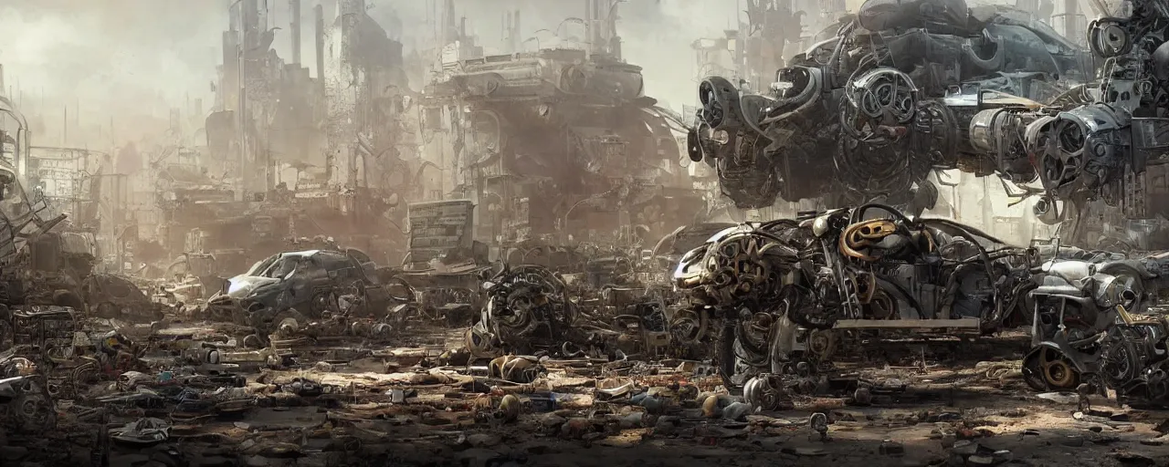 Prompt: an intricate concept art of a mechanical coming out to life in a junkyard, post - apocalyptic, hyper maximalist, matte painting, ultra detail, concept art, hyper realistic, cgsociety, hyper maximalist, artstation, deviantart, style by feng zhu and dylan cole, octane render, anime style