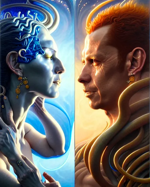 Image similar to a portrait of gemini water and fire fantasy character portrait facing each other, ultra realistic, wide angle, intricate details, the fifth element artifacts, highly detailed by peter mohrbacher, hajime sorayama, wayne barlowe, boris vallejo, aaron horkey, gaston bussiere, craig mullins