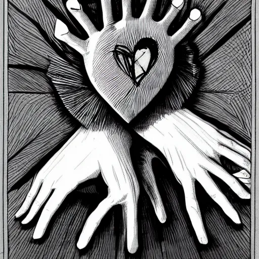 Image similar to illustration of hands ripping a heart into pieces, sadness, dark ambiance, concept by Godfrey Blow, featured on deviantart, drawing, sots art, lyco art, artwork, photoillustration, poster art