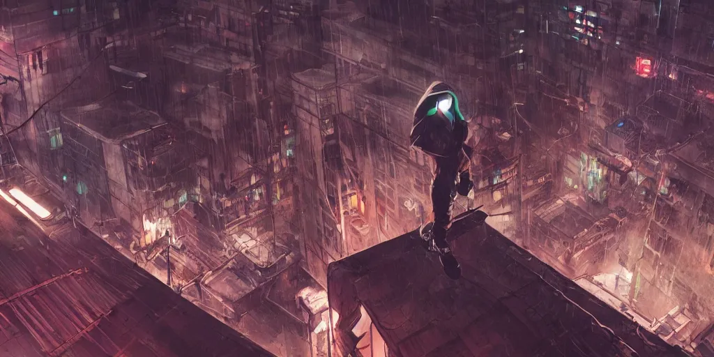 Image similar to cinematic shots of teenagers with tech clothing and hoods and tactical masks doing risky parkour on the rooftops of a dystopian city, neon lights, sci - fi, night lights, rain and haze, concept art, intricate, in the style of katsuhiro otomo, akira, unreal engine