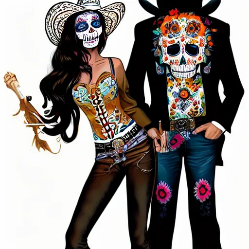 Prompt: in the style Diego Fazio and Joshua Middleton, mila kunis, skull paint, dia de Los muertos, trenchcoat, day of the dead, full body, smiling, cowboy hat