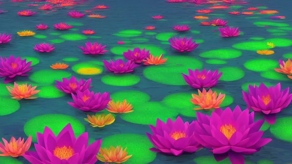 Image similar to digital illustration of a lake full of multi - colored megaflora lotus flowers by dr. seuss, reimagined by ilm and beeple : 1 | spectral color, electric color, rolling hills : 0. 9 | fantasy : 0. 9 | unreal engine, deviantart, artstation, hd, 8 k resolution : 0. 8