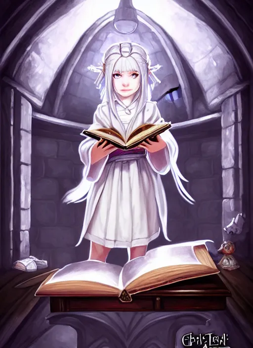 Prompt: a portrait of girl scholar in white robes, magic book library, magic circle, silver magic, fantasy, dungeons and dragons, an ultrafine detailed painting, chibi, detailed painting, boris valejo. octopath traveler decal!!!