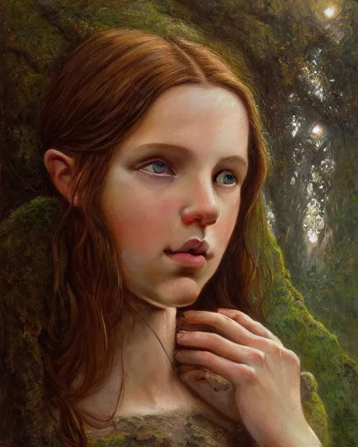 Image similar to a well - lit, realistic oil painting emotive portrait of a girl resembling a young, shy, redheaded irish alicia vikander or millie bobby brown in moss - covered ancient stone ruins at sunset, highly detailed, intricate, concept art, artstation, by donato giancola, ron cobb, and artgerm