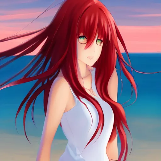 Image similar to detailed anime girl with long red hair in a white silky dress sitting in the sand on a beach at sunset, pixiv art