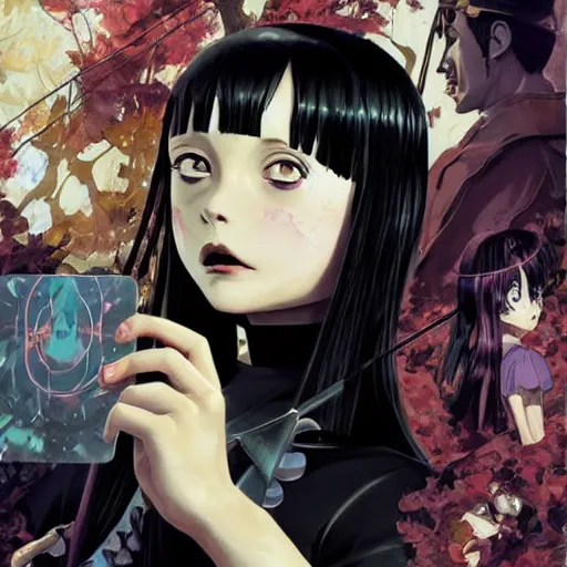 Image similar to precisely drawn illustration of anime wednesday addams tarot card, wide angle, sharp, fine details, anime, manga, cyberpunk, realistic shaded lighting by katsuhiro otomo ghost-in-the-shell, magali villeneuve, artgerm, rutkowski Jeremy Lipkin and Giuseppe Dangelico Pino and Michael Garmash and Rob Rey