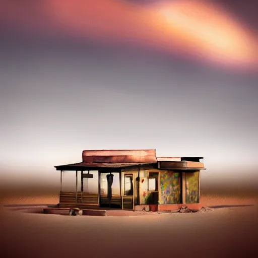 Prompt: abandoned diner in the desert by jon mccoy and georgehull, sunset, cinematic, cinematic lighting, photorealistic, hyperdetailed 3 d matte painting, iridescent, deviantart, trending on artstation, concept art